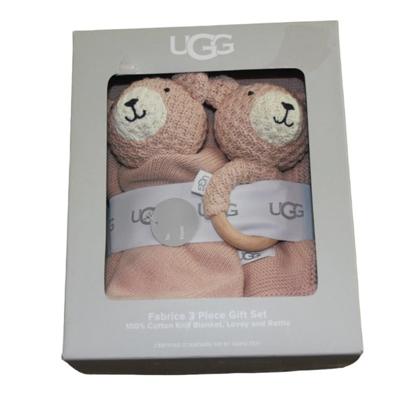 UGG Fabrice Brown Bear Knit Blanket Lovey Rattle 3pc Gift Set Baby Security NWT